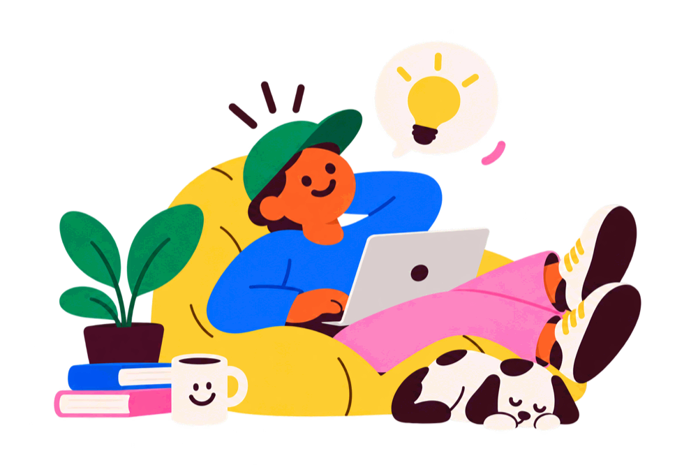 Someone relaxing with a laptop while an idea lands