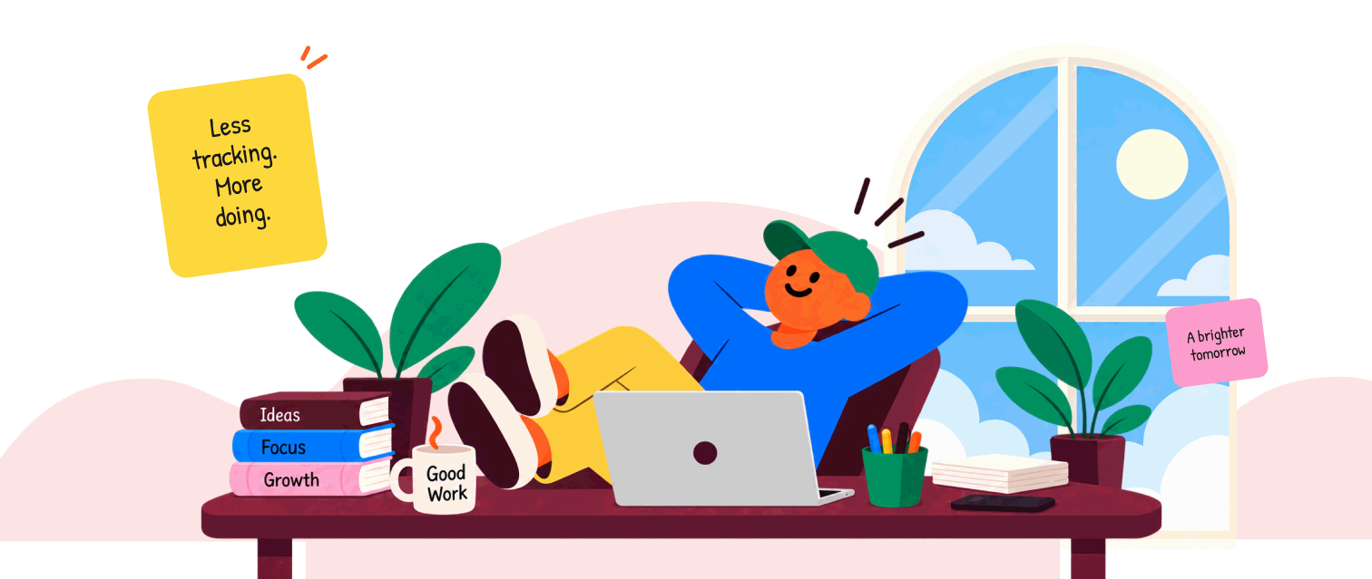 Someone with their feet up at a desk while their laptop keeps track of the day