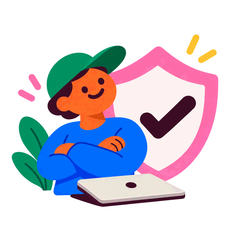 Someone standing guard beside a closed laptop and a shield