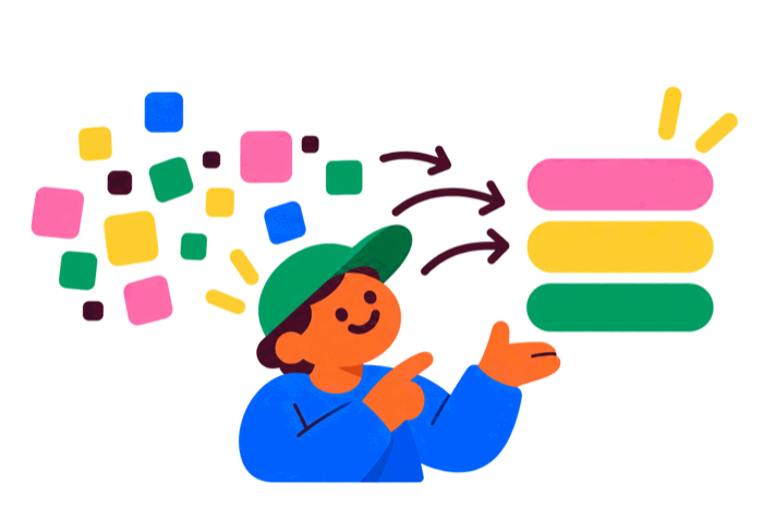Scattered small blocks being gathered into three tidy bars