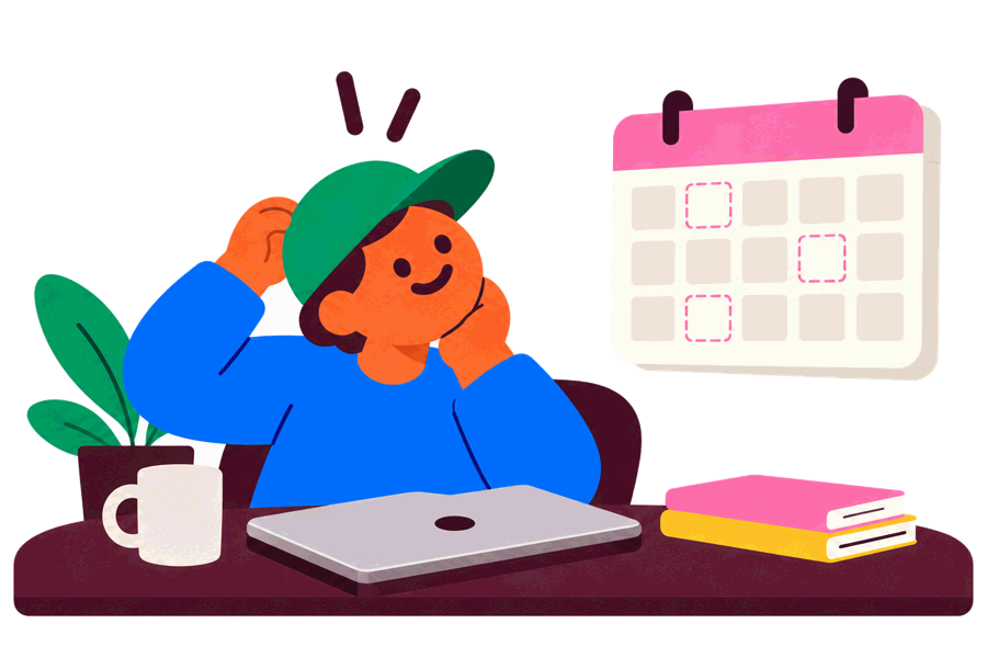 Someone at a desk trying to remember what they worked on, beside a calendar with blank days